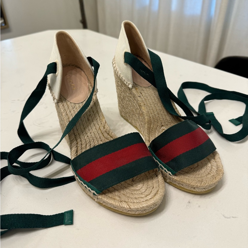 Gucci Web Ankle Wrap Wedge Espadrilles Canvas sz 37